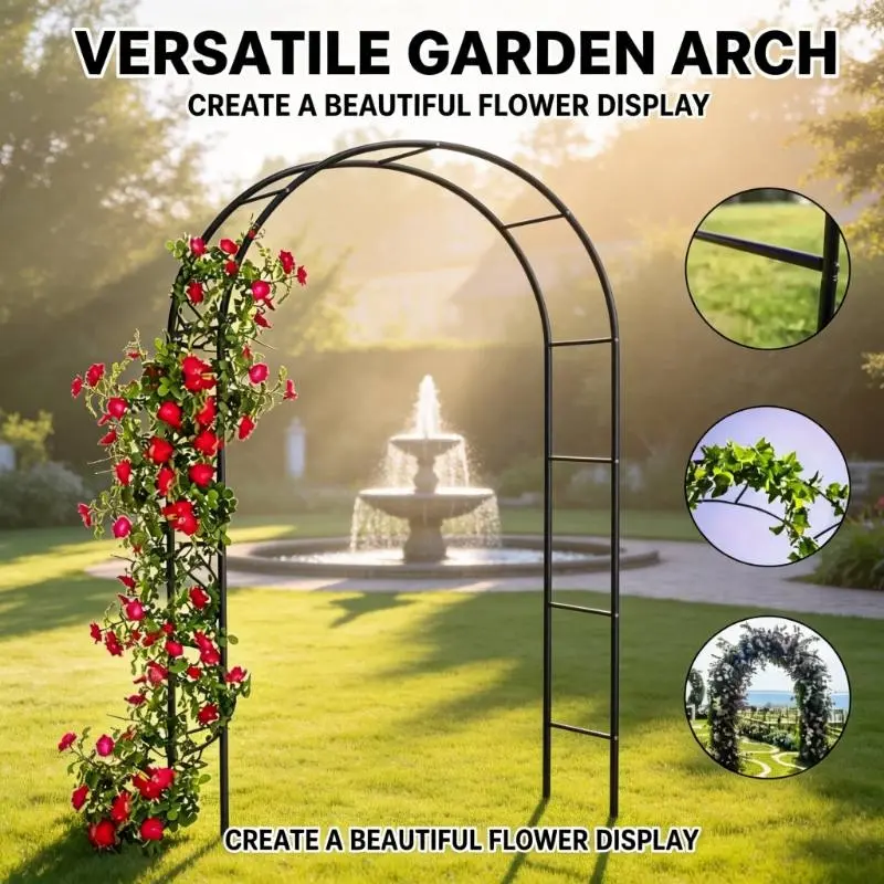 1Pc Metal Garden Arch Frame Sturdy Iron Structure Dual Assembly Ways Multifunctional Climbing Plant Rose Arbor Outdoor Backyard Patio Wedding Decor Flower Stand