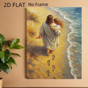 2D Flat No Frame It carries my Christian message of Jesus holding a woman on the beach, God's beach footprints wall art poster canvas print, suitable for bedroom, bathroom, office, home wall decoration, an ideal gift art piece for Christmas, Halloween,