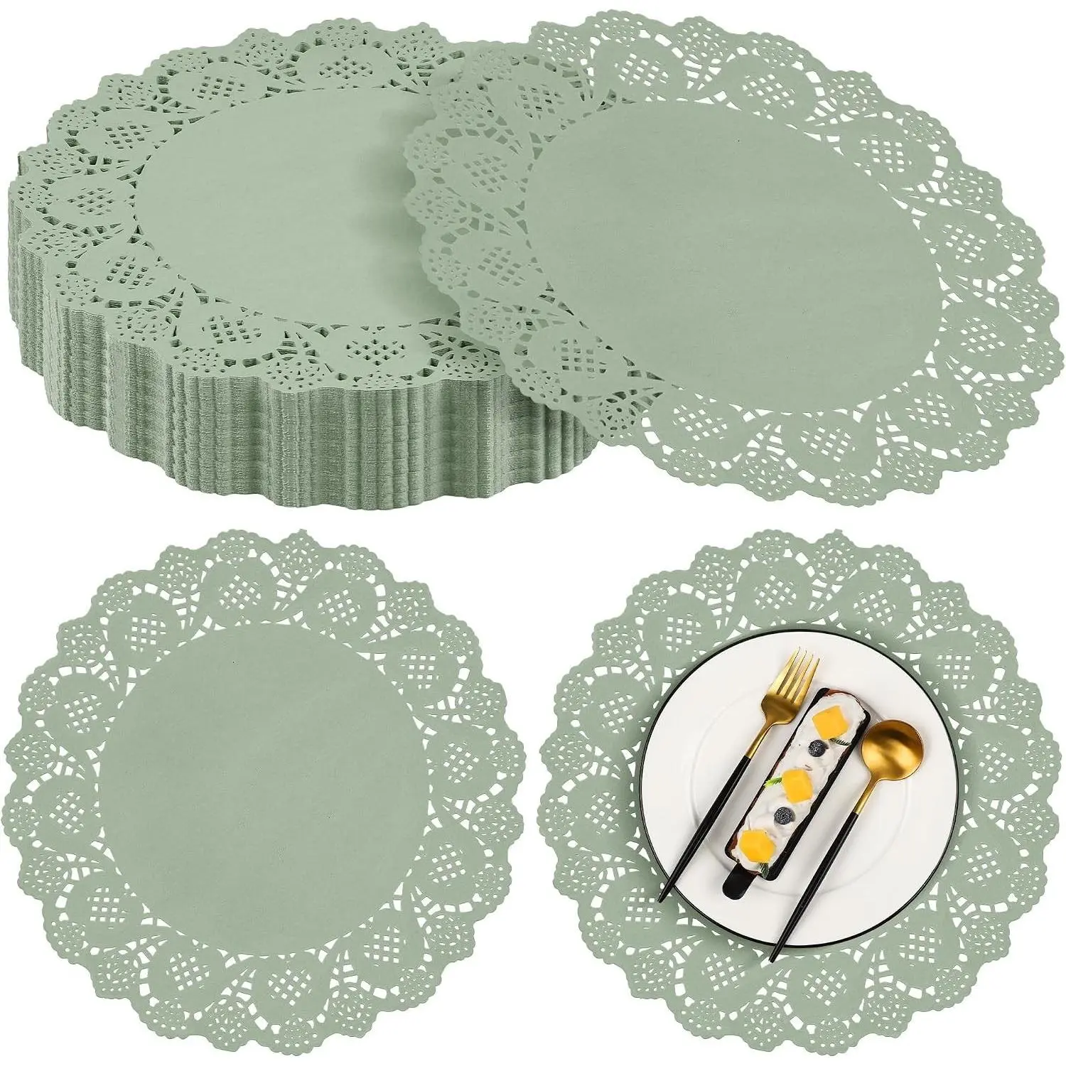 100-Pack Round Sage Green Scallop Edge Paper Doilies, 13.5 In Disposable Lace Place Mats, Rustic Table Pads for Cakes, Party & Wedding Tableware Decor, Crafts Use