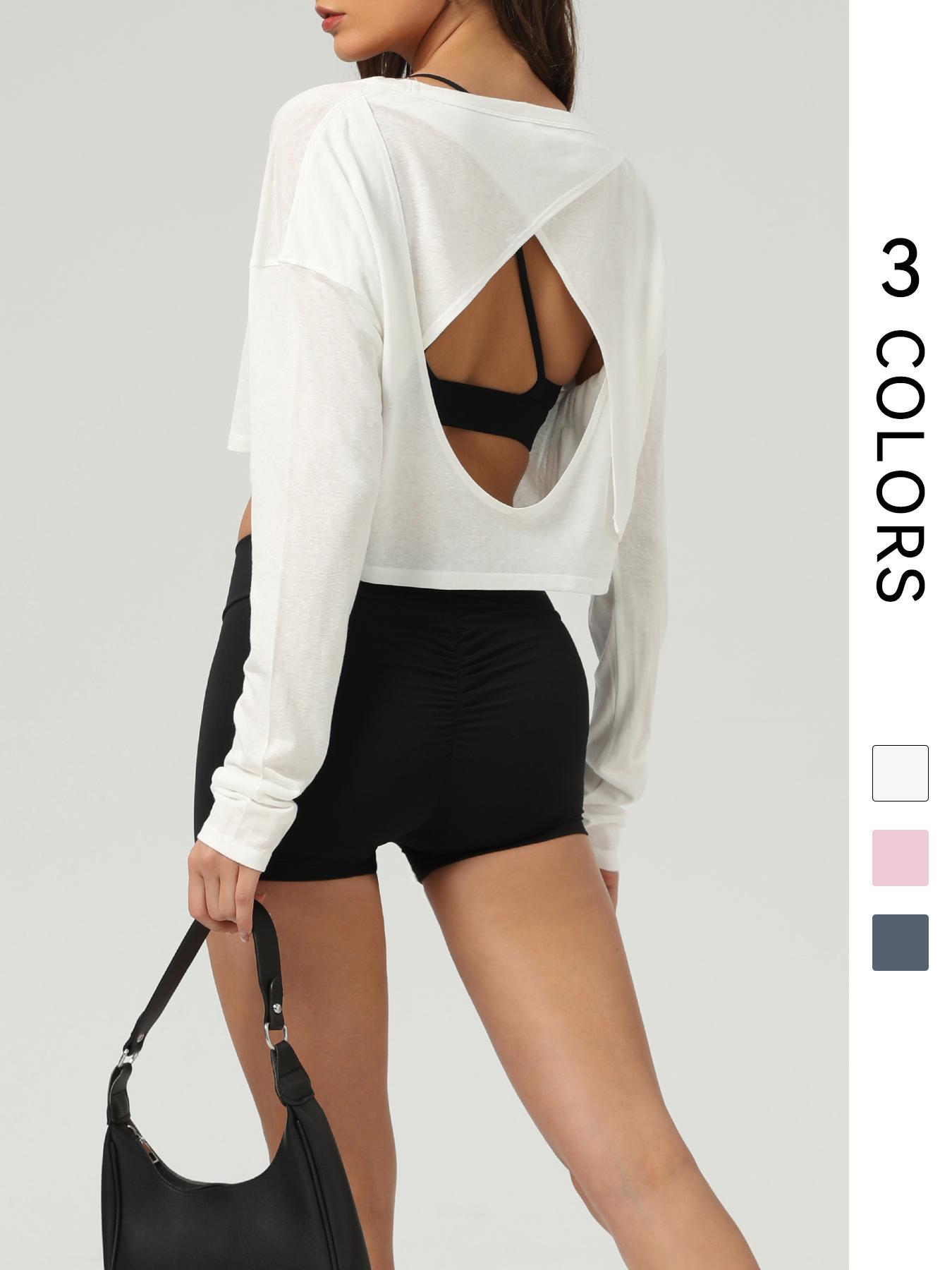 1 Piece Women's Long Sleeve Sports T-shirt, Skin-friendly and Comfortable Cross Back Short Long Sleeve Vest, Suitable for Gym and Casual Wear