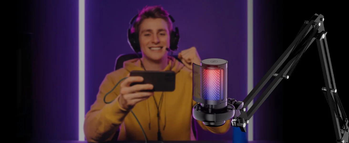 USB Condenser Microphone RGB Esports Game Call Recording Condenser Mic with Metal Boom Stand Desktop Mic for Studio Recording