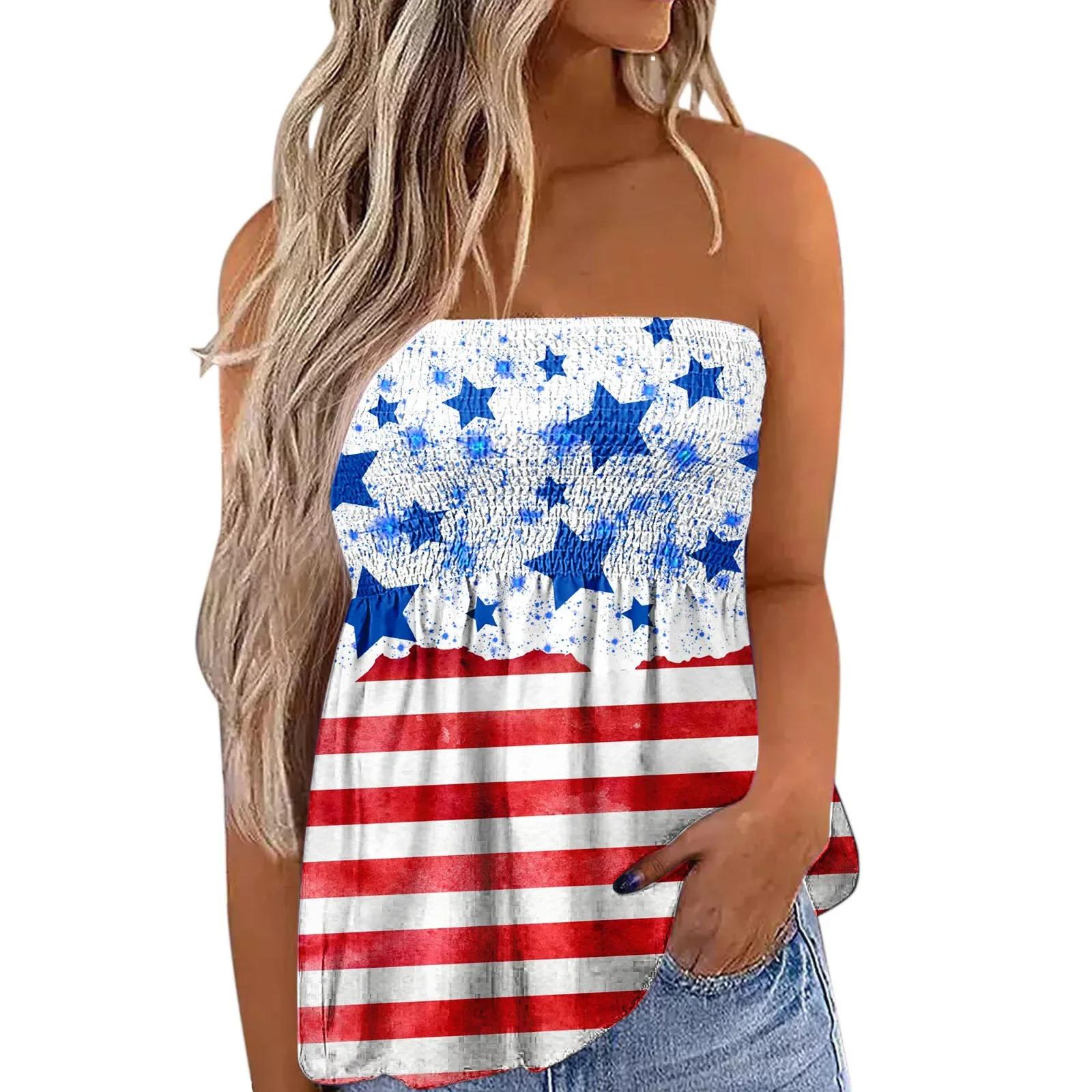 2025 New Women's Fashion Clothing Independence Day Printed Tube Top T-shirt for Women Flowy Strapless Tube Top Blouse