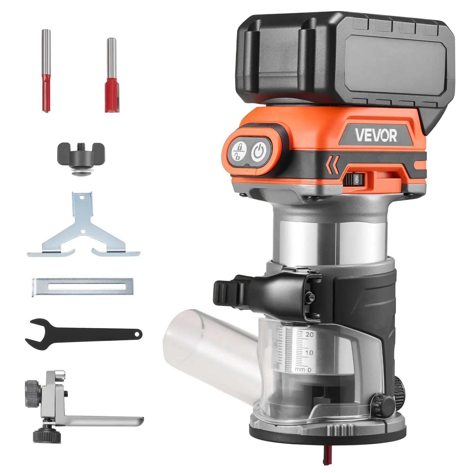 VEVOR 18V Brushless Motor Compact Palm Wood Router (Single Unit, Aluminum), Fixed Base Mount, 1/4-Inch Collet, 10000-30000 RPM Adjustable Speeds, LED Light, Clamp-Compatible, Edge Trimmer for Woodworking (Fits Makita 18V Batteries, No Battery), Router Bit
