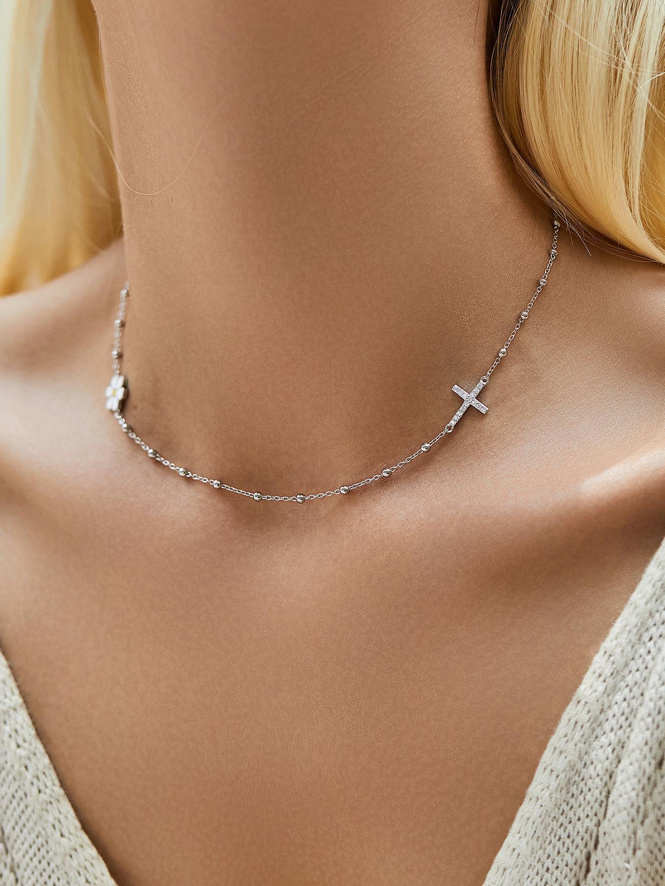 925 Sterling Silver Daisy & Cross & Beads Decor Necklace, Rhinestone Decor Fashion Jewelry for Party, Daily Clothing Decor, Trendy All-match & Exquisite Jewelry for Birthday Gift