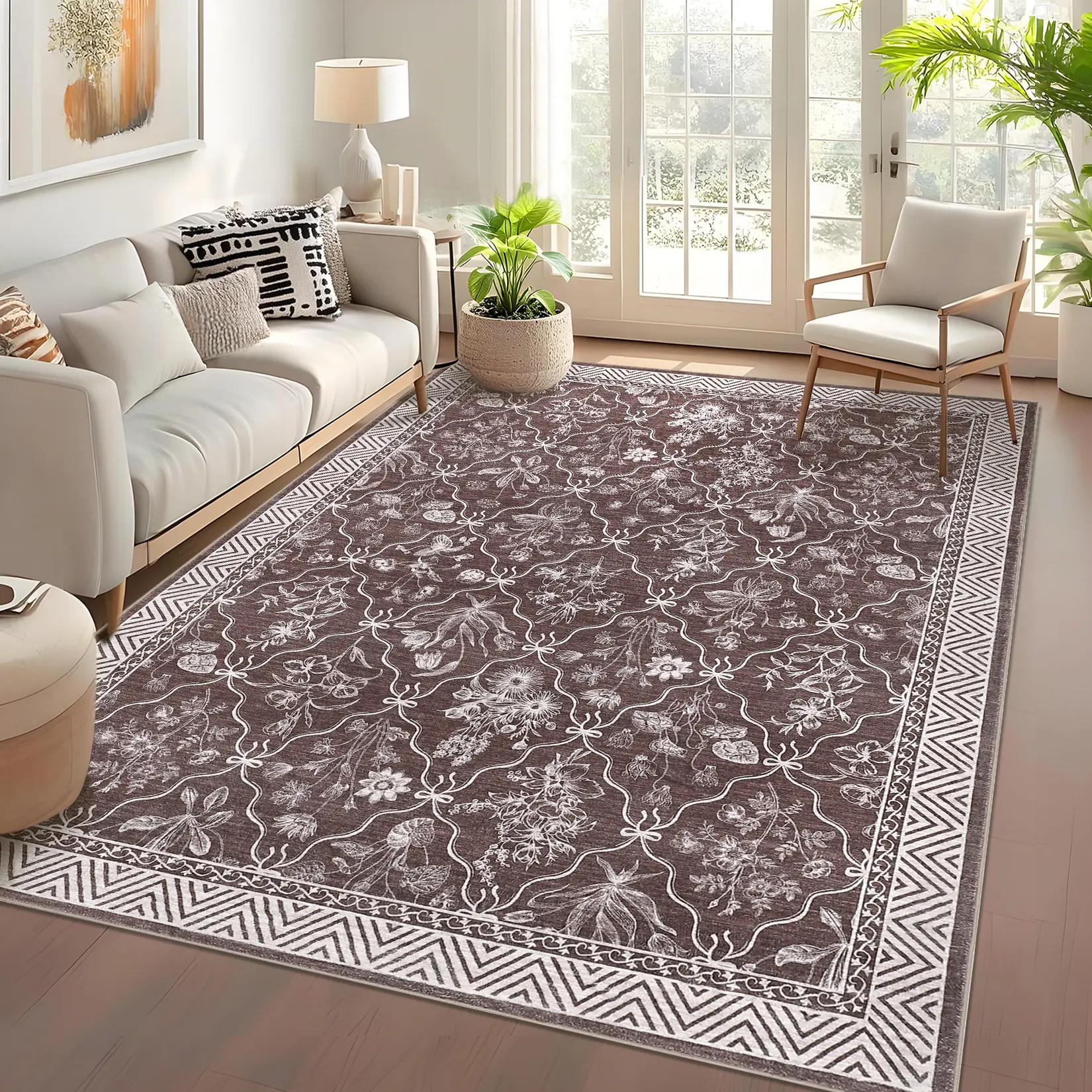 Non Shedding Area Rug, Ultra Soft Low Profile Carpet with Floral Vine Print, Machine Washable Non Slip Indoor Mat, Foldable Lightweight Floor Covering for Living Room Bedroom