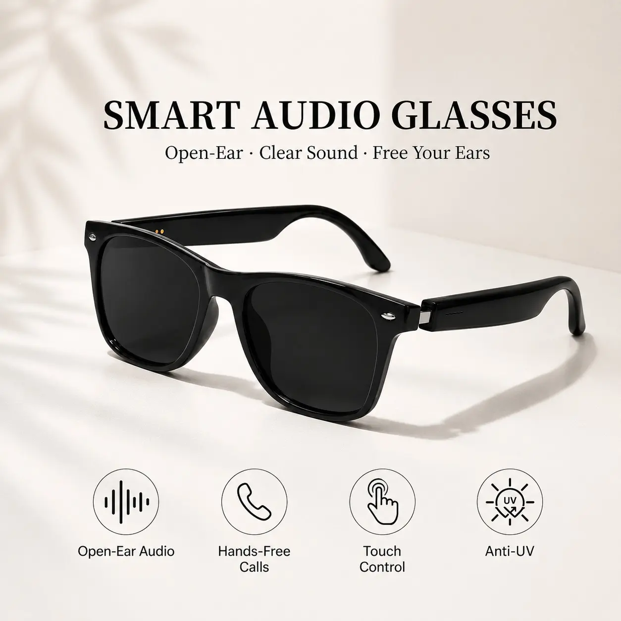 Smart Glasses, Multifunctional Smart Glasses, Bluetooth Open-Ear Audio Sunglasses with Wireless Music, Hands-Free Calling, Touch Control, Voice Assistant, Bluetooth Glasses for Men Women
