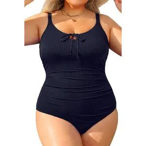 Yonique Plus Size One Piece Swimsuit -Tummy Control Ribbed Bathing Suit Tie Front Cutout Plus Size Swimwear DealsForYouDays