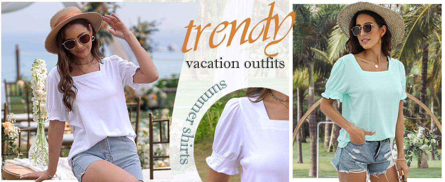 WIHOLL Tops for Women Summer Casual Ruffle Trim Sleeve Square Neck T Shirts