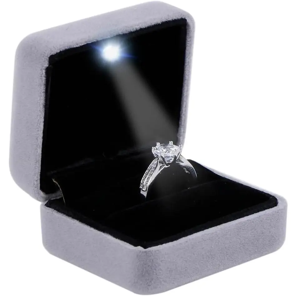Metal Glossy with LED   Box for Proposal, Engagement, Wedding - Easy to fit into Your Pocket or Handbag - Grey
