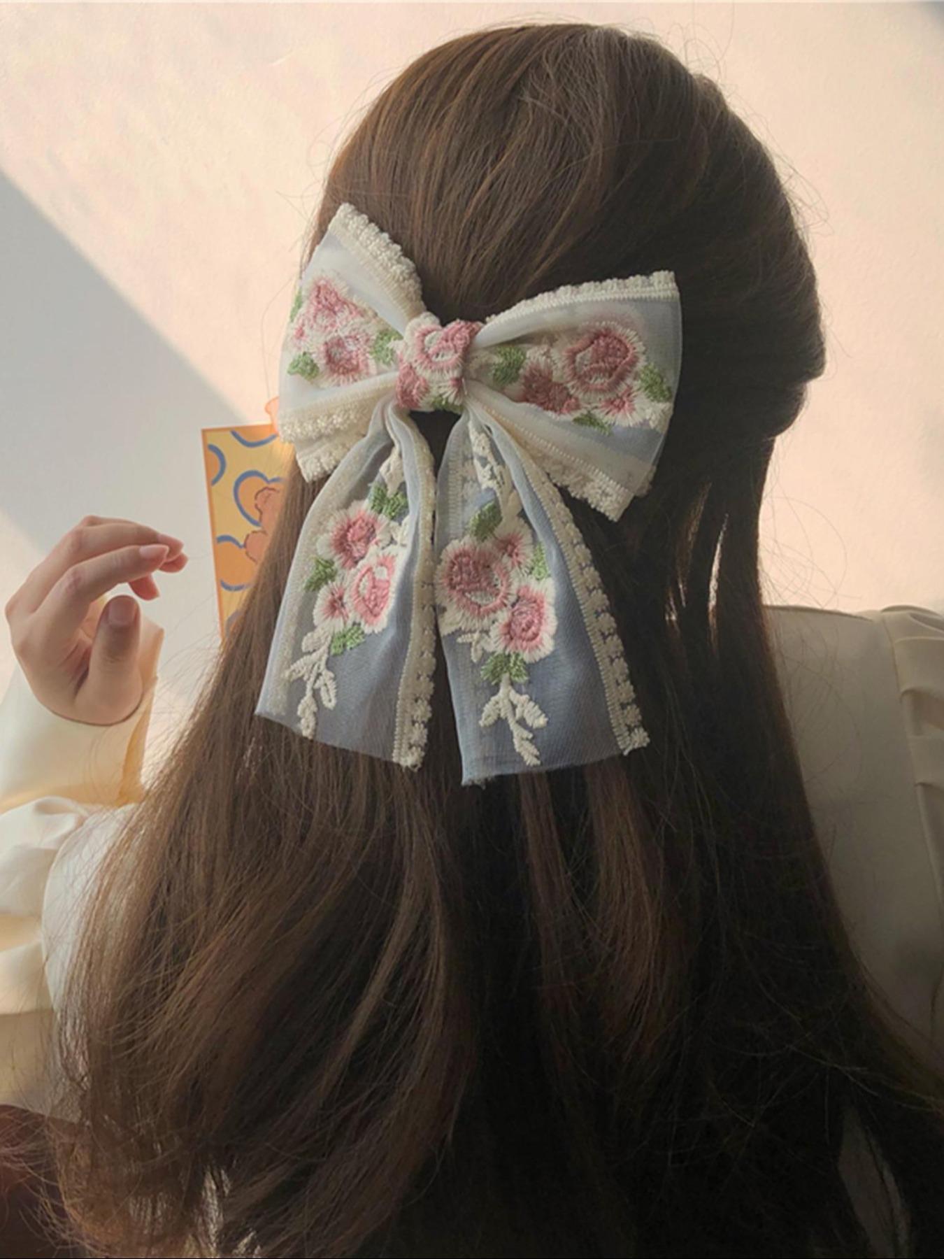 Elegant Flower Embroidery Bow Decor Hair Clip,  Cute Hair Accessories for Women & Girls, Trendy Hair Accessories for Daily Wear