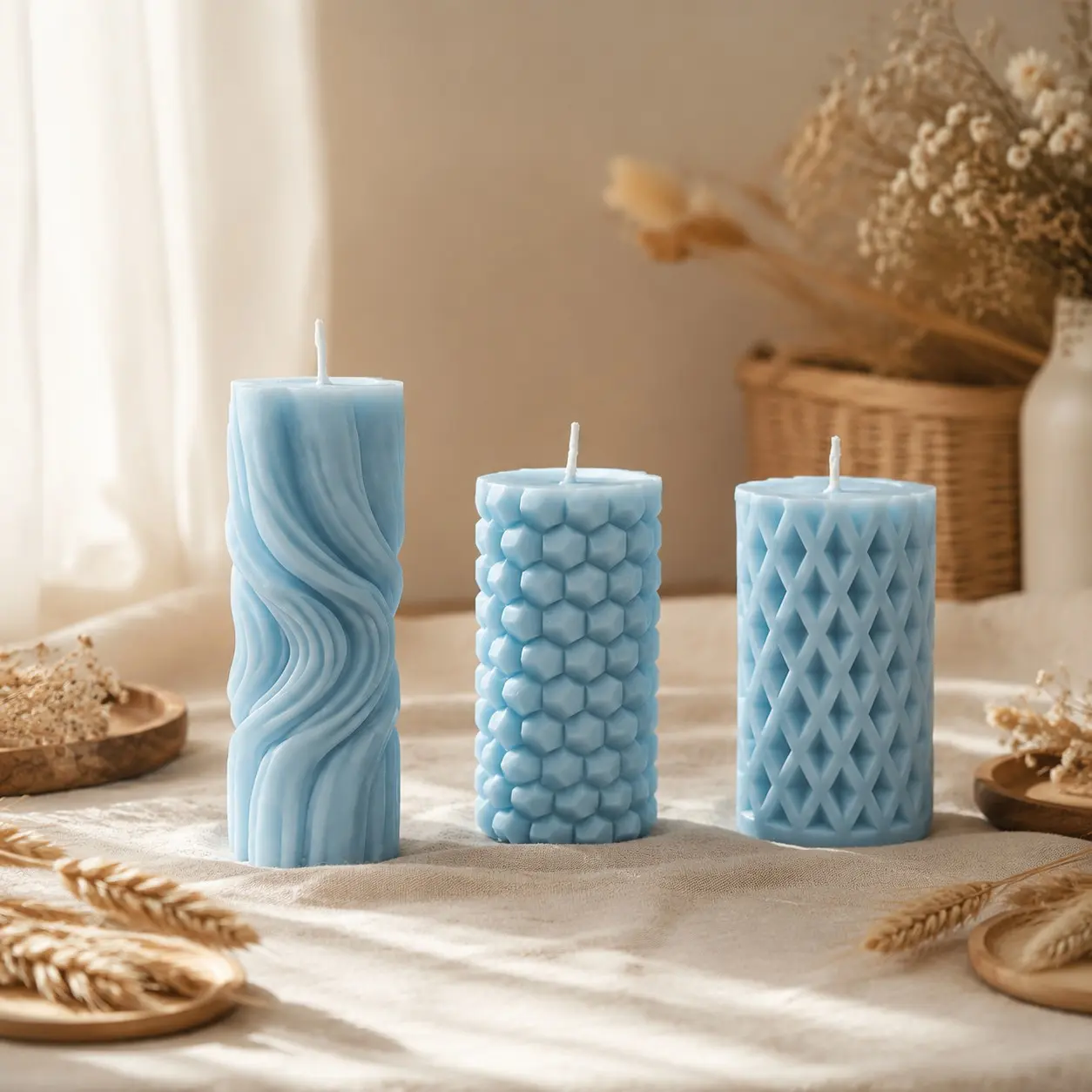 Six Macaron Light Blue Geometric Scented Candles, Wrinkle Water Drop, Twist Column Artistic Textures, Long-Lasting Fragrance, Nordic Home Decor, Gift Idea