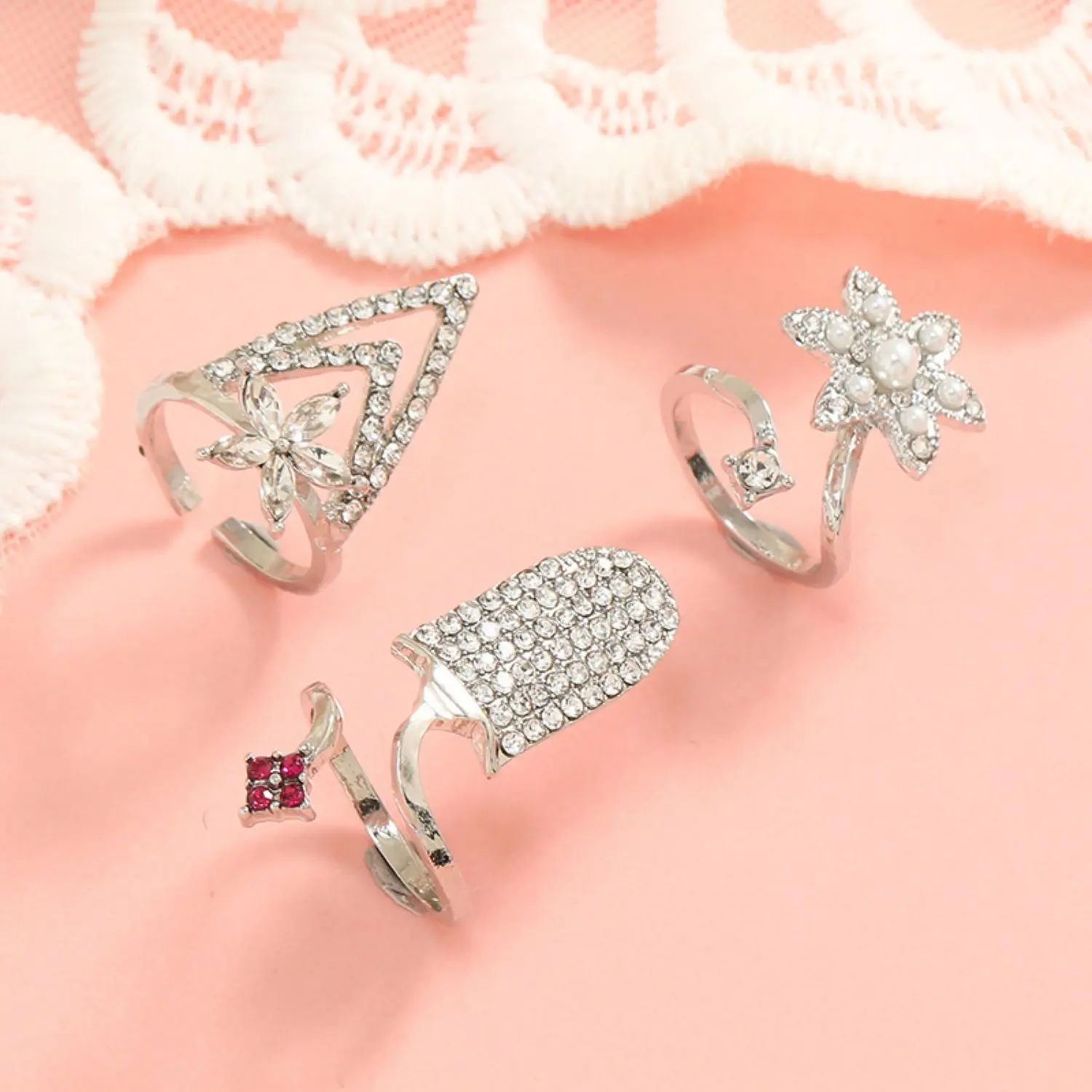 3Pcs Vintage Rhinestone Open Rings Set Geometric Fingertip Nail Decor Rings Sparkling Crystal Adjustable Finger Jewelry for Women