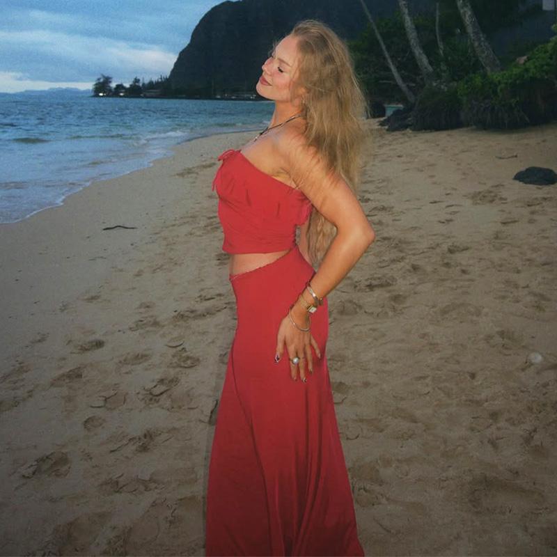 Two-Piece Set Women's Solid Color Tube Top & Skirt, Chic Backless Crop Top & Skirt for Beach Holiday Vacation, Ladies Clothes for All Seasons