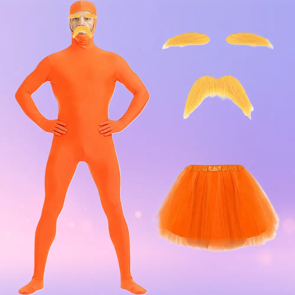 Unisex orange jumpsuit with fake belly, tulle skirt, eyebrow and mustache set, Halloween stage costume