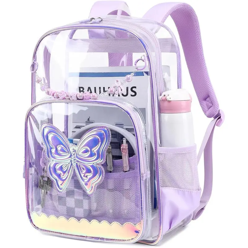 Clear Backpack for Girls, Heavy Duty 0.5mm PVC School Bookbag with Iridescent Butterfly, Padded Straps & Multi-Pockets, Fits 15.6" Laptop