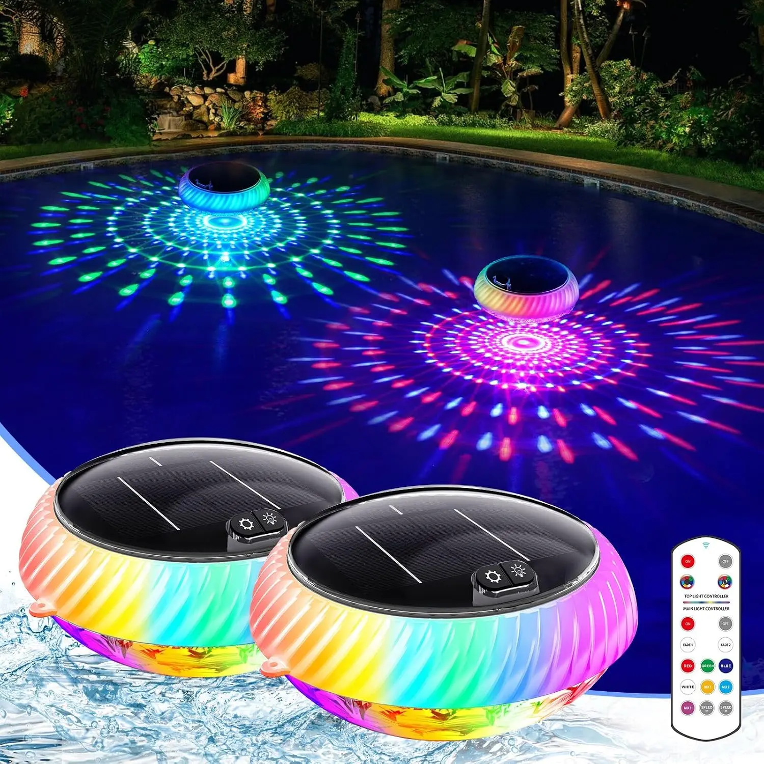 Floating Pool Lights Solar with Remote - 7.6" RGB Up & Down Color Changing with Dynamic Effects, Floating Light for Pool, Party, Decor (2 Pack)