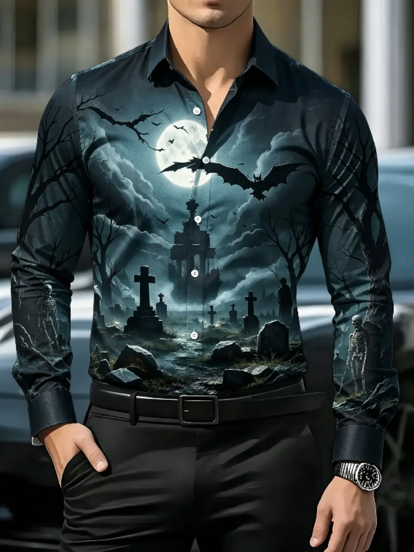Men's Lapel Long Sleeve Button Down Shirt Dark Graveyard Full Moon Bat Skeleton Tombstone Bare Tree All Over Print Sublimation Fabric Slim Fit Casual Shirt Gothic Halloween Party Outfit