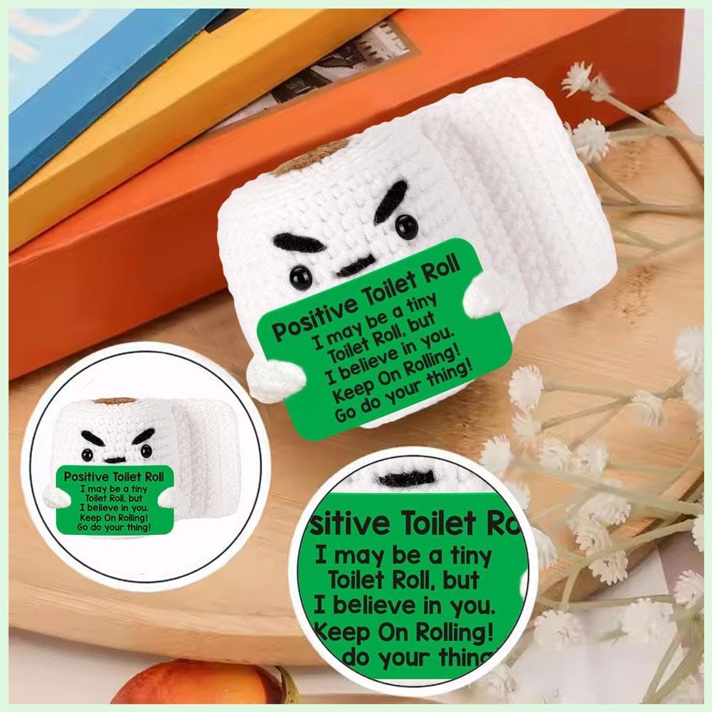 Super cute hand knitted positive toilet paper roll doll with inspirational vibes! Unique funny decor for bedroom, office and desk, a creative gag gift for women, men and friends. Small and amusing, it lifts mood instantly with its cheerful positive energy