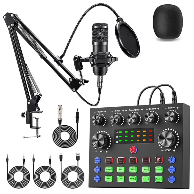 V8S Sound Card Podcast Equipment Set, BM-800 Condenser Microphone Set, DJ Sound Control Equipment Mixer with Sound Converter/Mixer Control, BT Connection, Compatible with Mobile Phones/Computers/PCs, Enhances Atmosphere, Perfect for Recording, Singing, Br