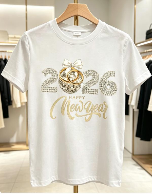 Women's 2026 New Year Golden Graphic Tee, Rhinestone-Like Detail, Black & Gold Cotton Crew Neck Short Sleeve, NYE Party Outfit
