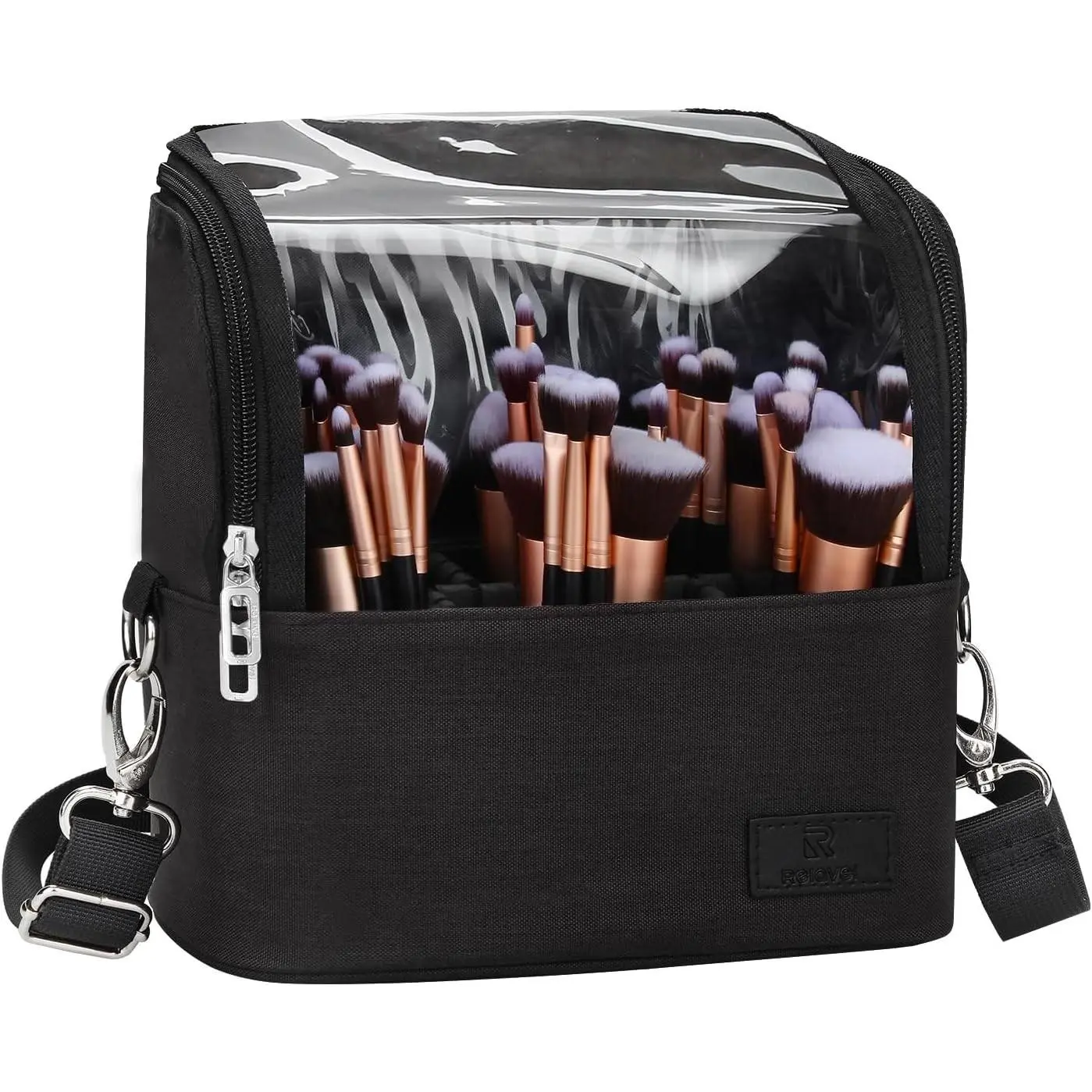 Makeup Brush Bag, Makeup Brush Holder Travel Stand-up Makeup Cup Large Makeup Brush Organizer Case Professional Cosmetic Bag Artist Storage Bag with Adjustable Divider (Large, Black)