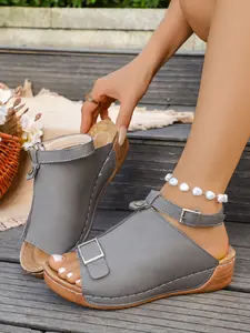 Women Open Toe Wedge Platform Sandals, Double Buckle Ankle Strap, Faux Leather, Casual Walking, Orthopedic, Summer Beach Sandals, Elevated Sandals