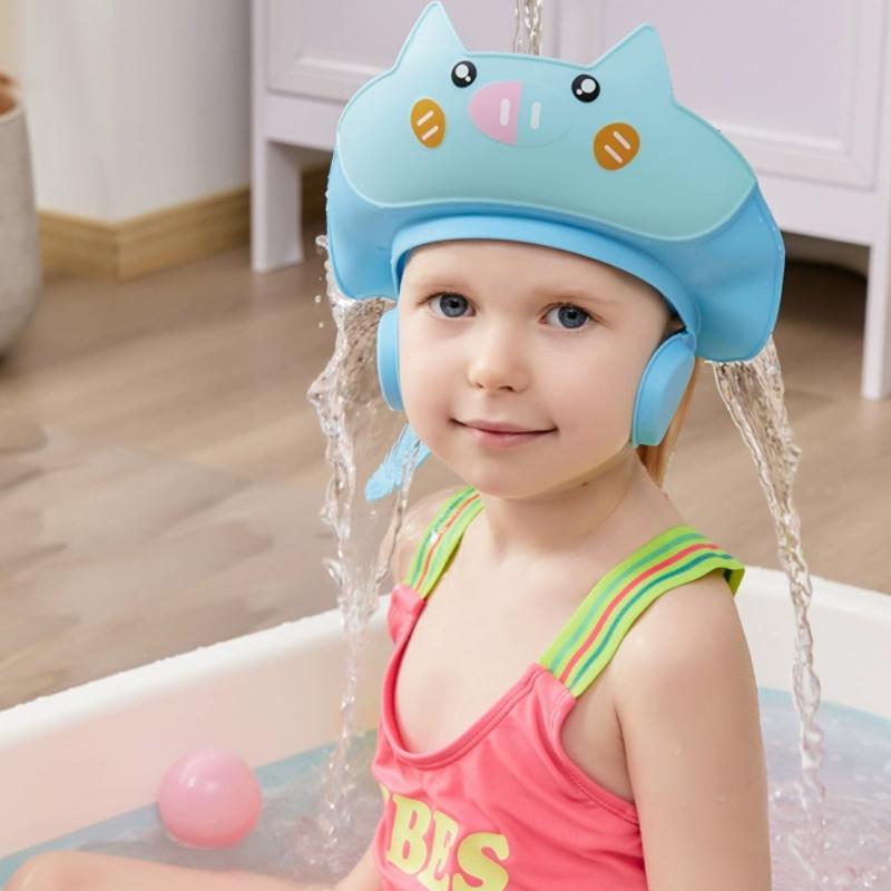 Adjustable Leak-Proof Baby Shower Cap with Cute Cartoon Cat Design - Baby items, Water-Retaining PP Material for Infants & Toddlers, 0+ Months, Pink/Blue/Yellow, newborn necessities, baby stuff clearance