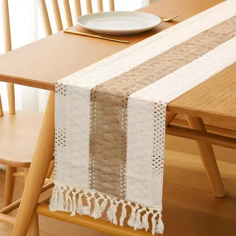 70" x 12" Natural Burlap Boho Table Runner with Tassels & Macramé Edge - Modern Farmhouse Rustic Decor for Living Room, Independence Day & Birthday Styling, Bohemian Yearround Charm