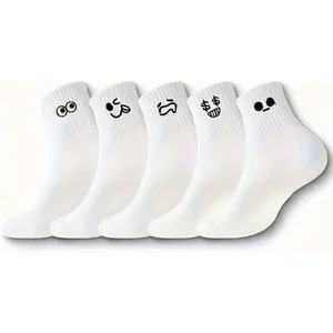 5 Pairs Quirky Face Print Crew Socks, Soft & Comfortable, Youthful Short Socks for Daily Commute