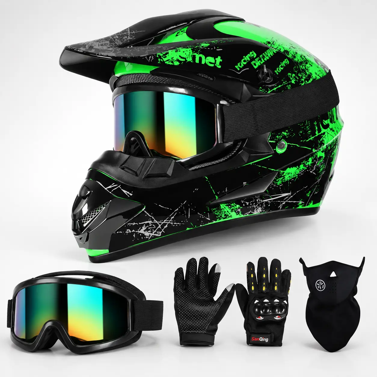 Unisex 4-Piece Motocross Helmet Set, Full Face ABS Shell, DOT Certified, Dirt Bike Accessories for Adult Dirt Bike & Trail Riding, Breathable Washable Pads, Lightweight Secure Fit