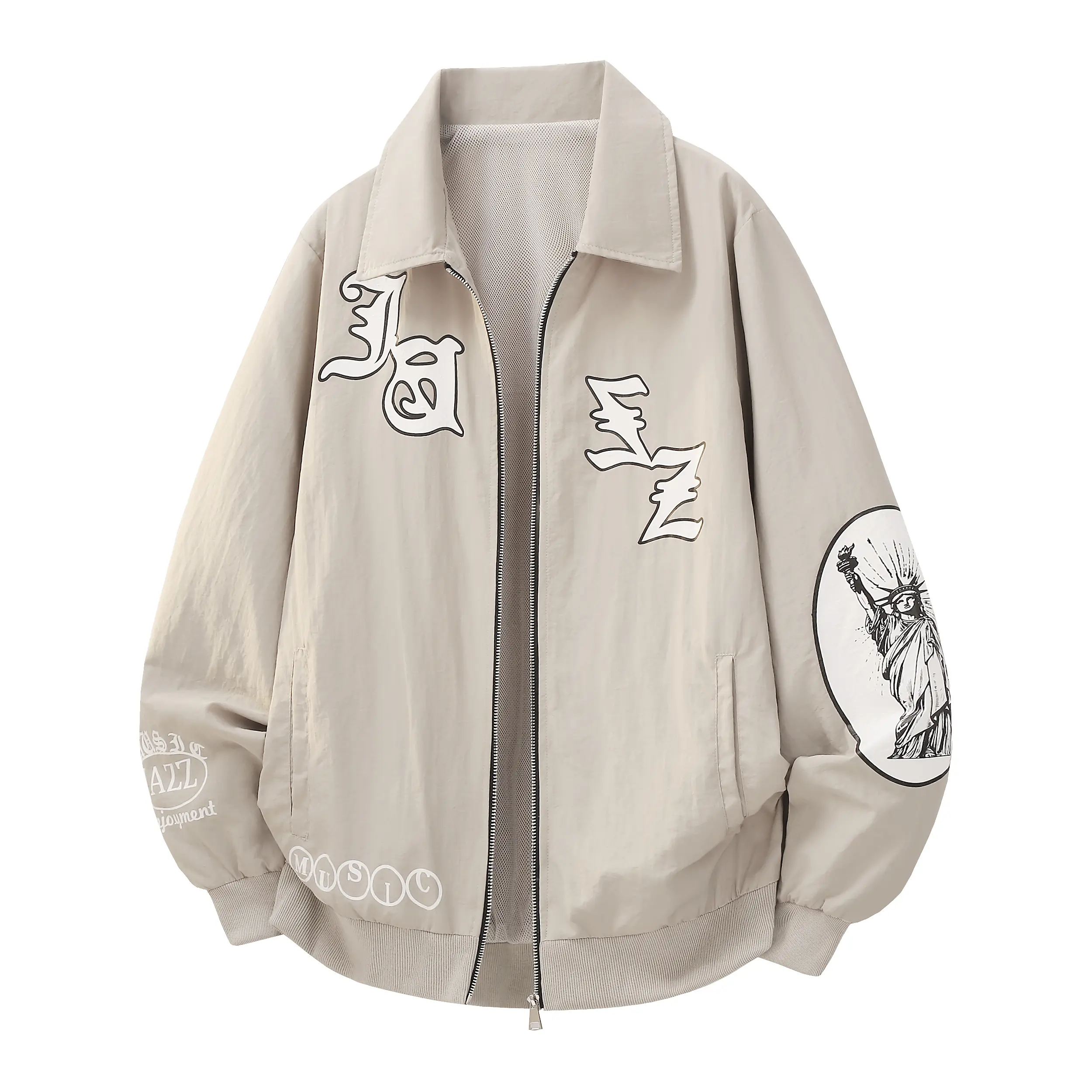 Men's Graphic Printed Zip Up Jacket Lapel Collar Jazz Liberty Windbreaker Casual Oversized Bomber Coat Streetwear Top cozy soft cool clean chic active sporty premium classic stylish durable trendy relaxed comfy modern vibe urban fresh hype Multi-Color