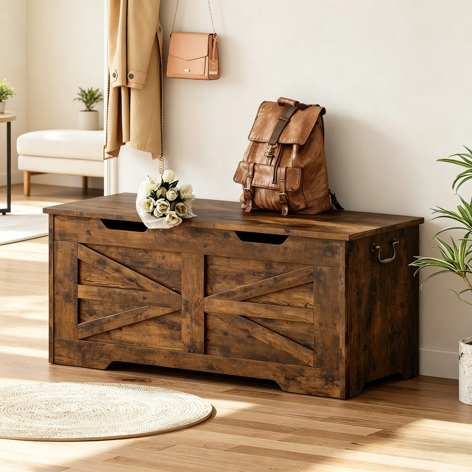 Rustic Rectangular Wooden Storage Bench Chest with Safety Tension Hinge, 39.4" Retro Toy Box & Bed End Blanket Trunk, 350 lbs Cap. Entryway Shoe Bench for Bedroom, Living Room