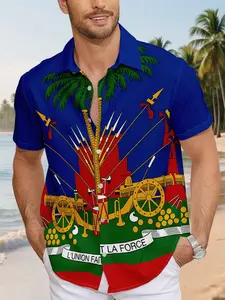 Men's Haiti Flag Short Sleeve Shirt, Patriotic Ethnic Design Print, Palm Tree and Sword, Bright /blue/, Casual Hip Hop Streetwear Style, Haiti T-Shirt, Casual Summer Clothes