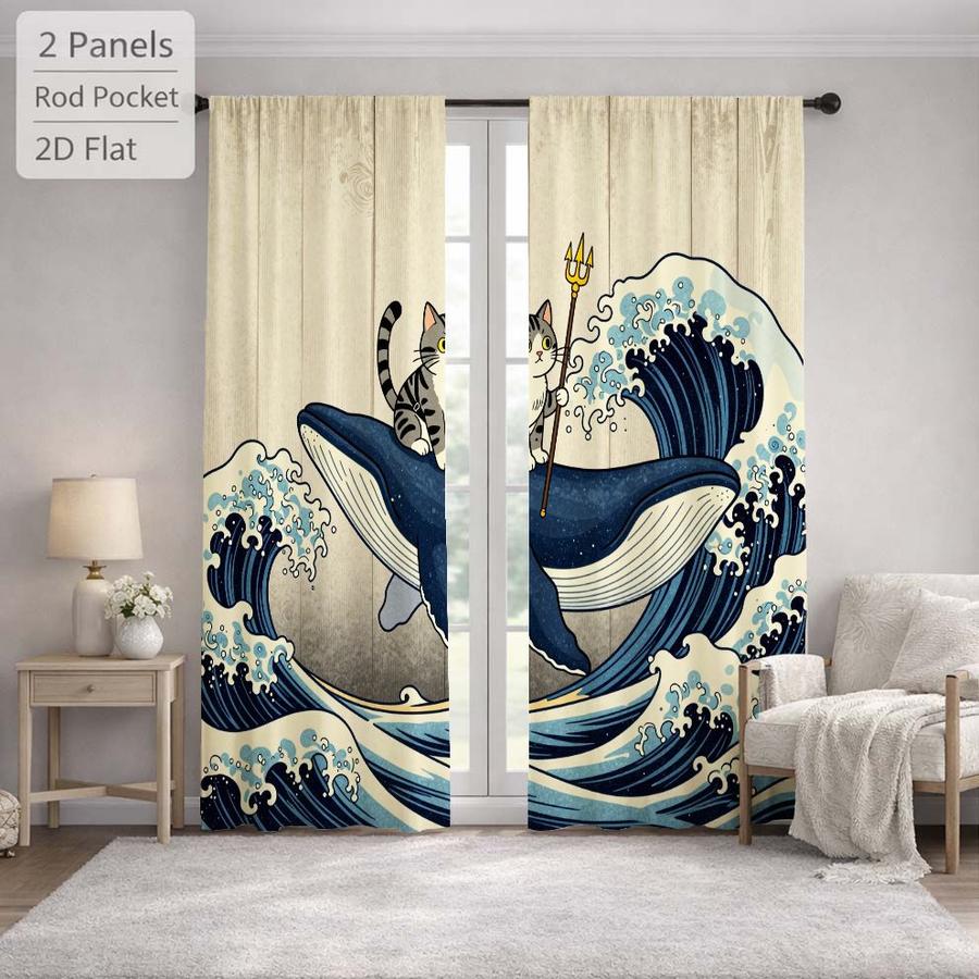 2Pcs Japanese Style Cat Whale Wave Pattern Sun Blocking Curtains Digital Printed Rod Pocket for Bedroom Office Kitchen Living Room Study Home Decor Soft Light Filter Easy Installation