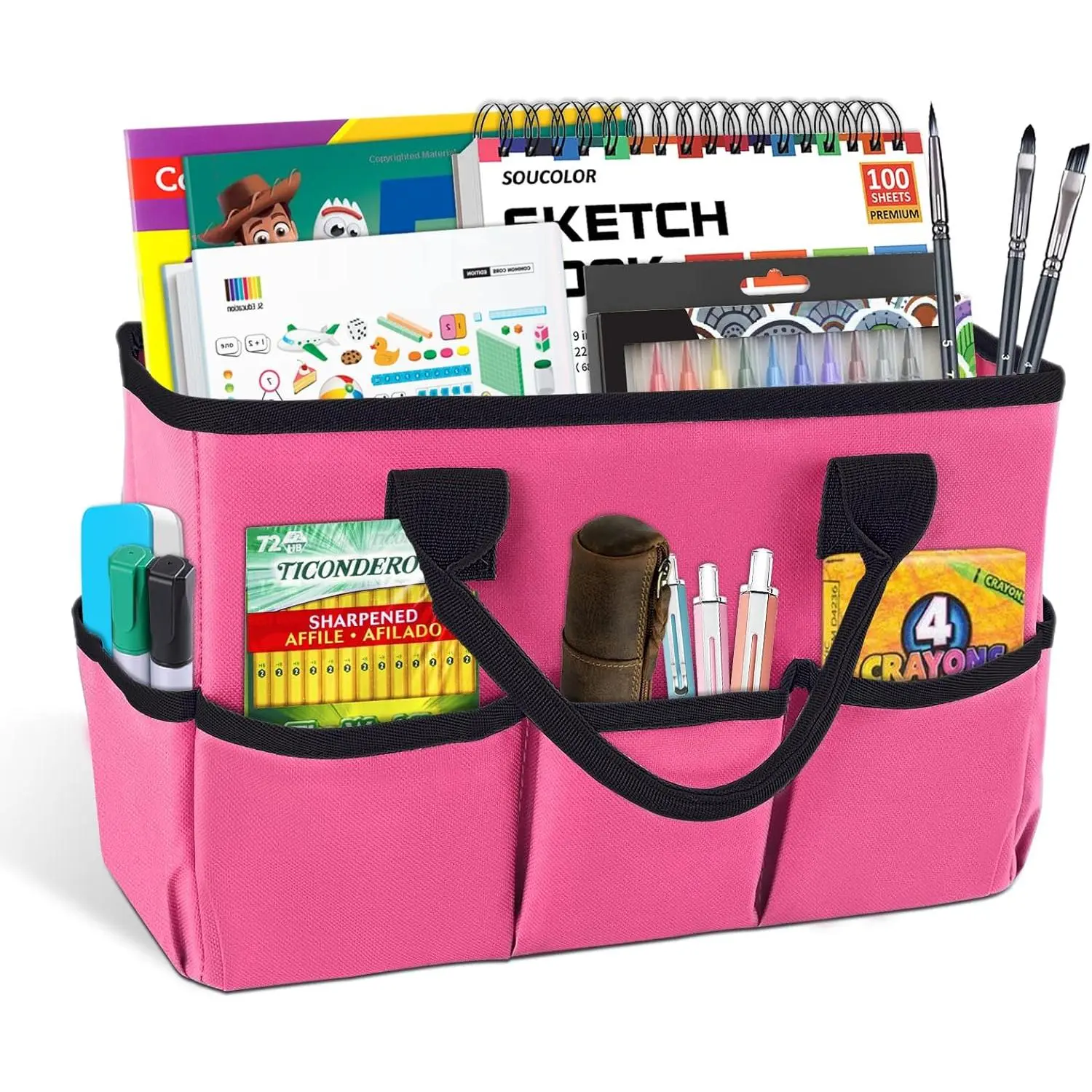 Desktop Tote and Organizer, Teacher Helper Caddy Bag for Arts, Books, Stationery, Office Desk Organization, Make-up Storage with Handles for Travel, Pink