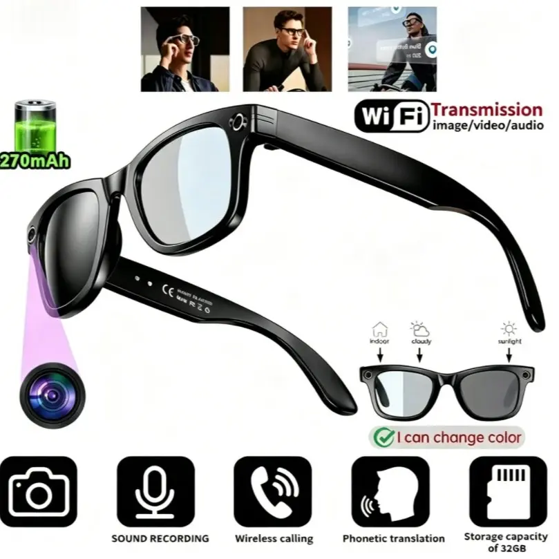 Ai Smart Glasses with Camera, 8mp Photo and 1080P Video, Open Ear Canal Audio, Photo Recognition, Lightweight, Unisex, Light-Change Lenses