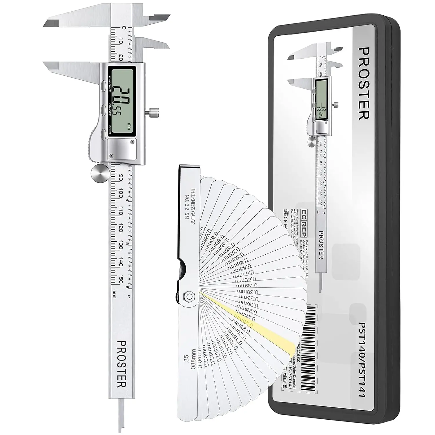 Proster Digital Caliper 6"-3 Modes(Fractions/Inch/mm) with 32 Feeler Gauges | 0-150mm Electronic Calipers 3 Modes: Fractions (1/128"), Inch (0.0005"), mm (0.01mm) Length Width Depth Inner Outer Diameter