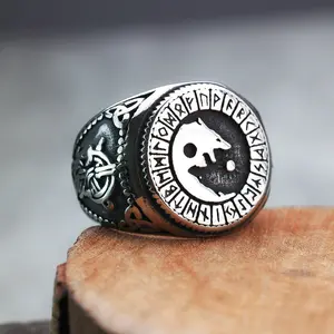 Nordic Viking Style Stainless Steel Ring Engraved With Traditional Rune Symbols, Retro Fashion Men’s Finger Jewelry, Classic Minimalist Band Accessory For Daily Wear, Party Outfit Matching And Personalized Casual Styling