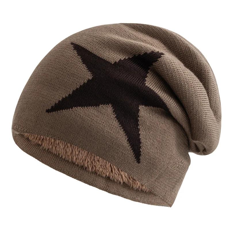 New Unisex Slouchy Winter Hats Five Star Pattern Warm Hats For Men Women Plush Fur Lined  Fashion Ski Beanie Cap