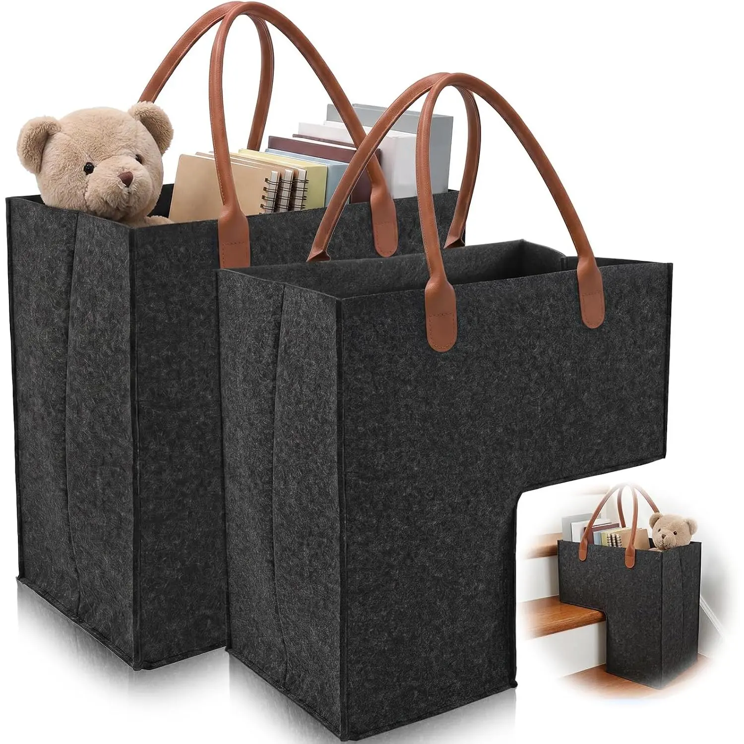2 Pack Stair Basket with Handle, Foldable Felt Stair Storage Basket for Carpeted Wooden Steps, Home Office Decor, Books, Clothes, Magazines