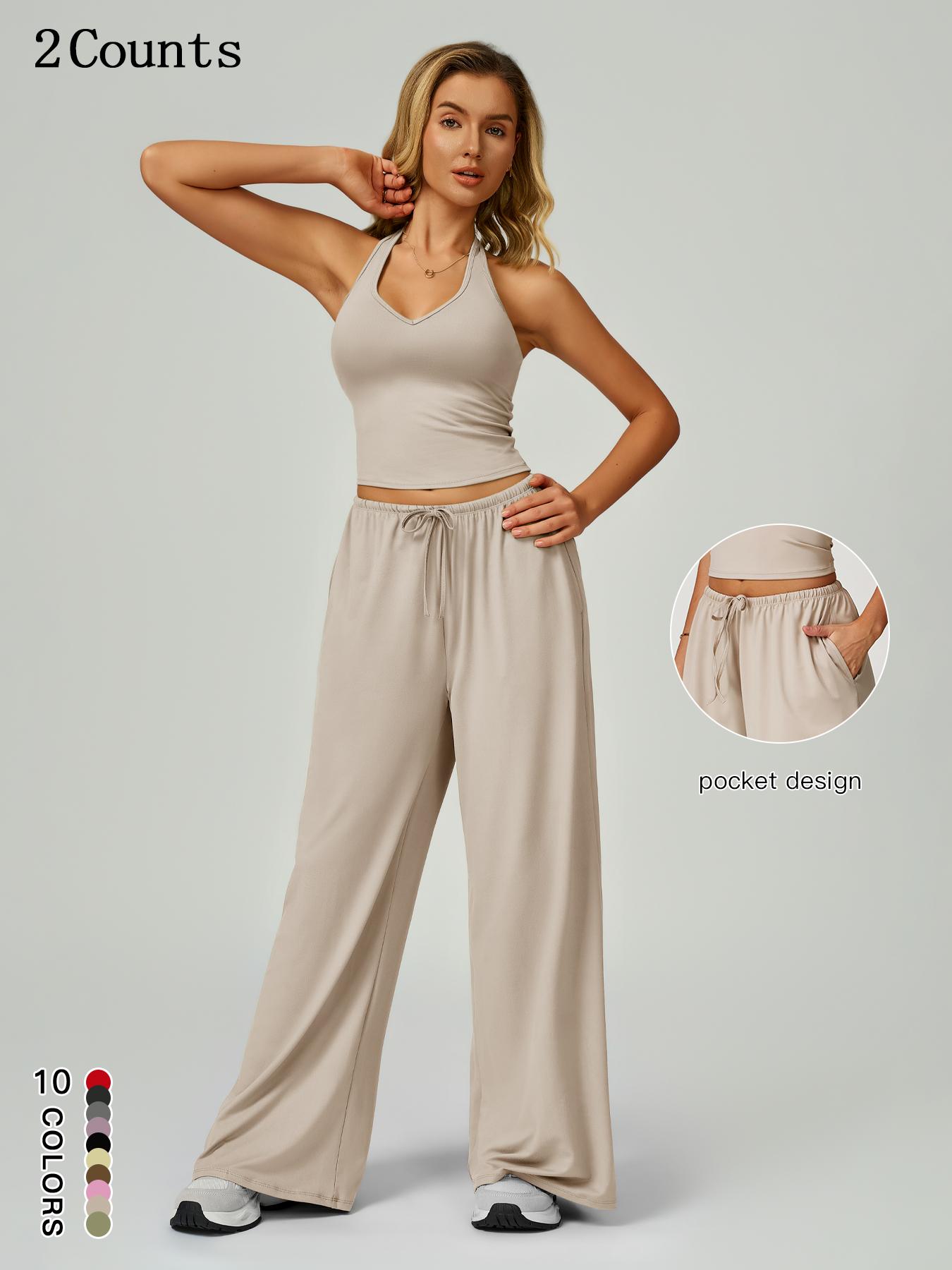 Women's Solid Crop Tank Top & Wide Leg Pants Set, Casual V Neck Sleeveless Top & Trousers for Daily Outdoor Wear, Ladies Sportswear for Summer Sports, Yoga and Airport Outfits, Gym Outfit