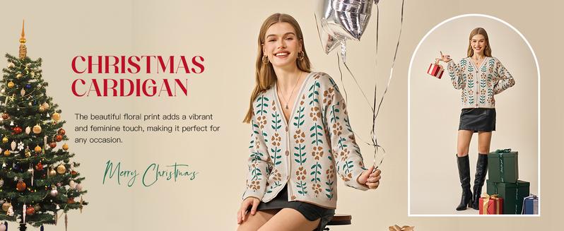 Saodimallsu Womens Floral Print V Neck Cardigan Open Front Button Down Knit Sweater Long Sleeve Loose Fashion Tops