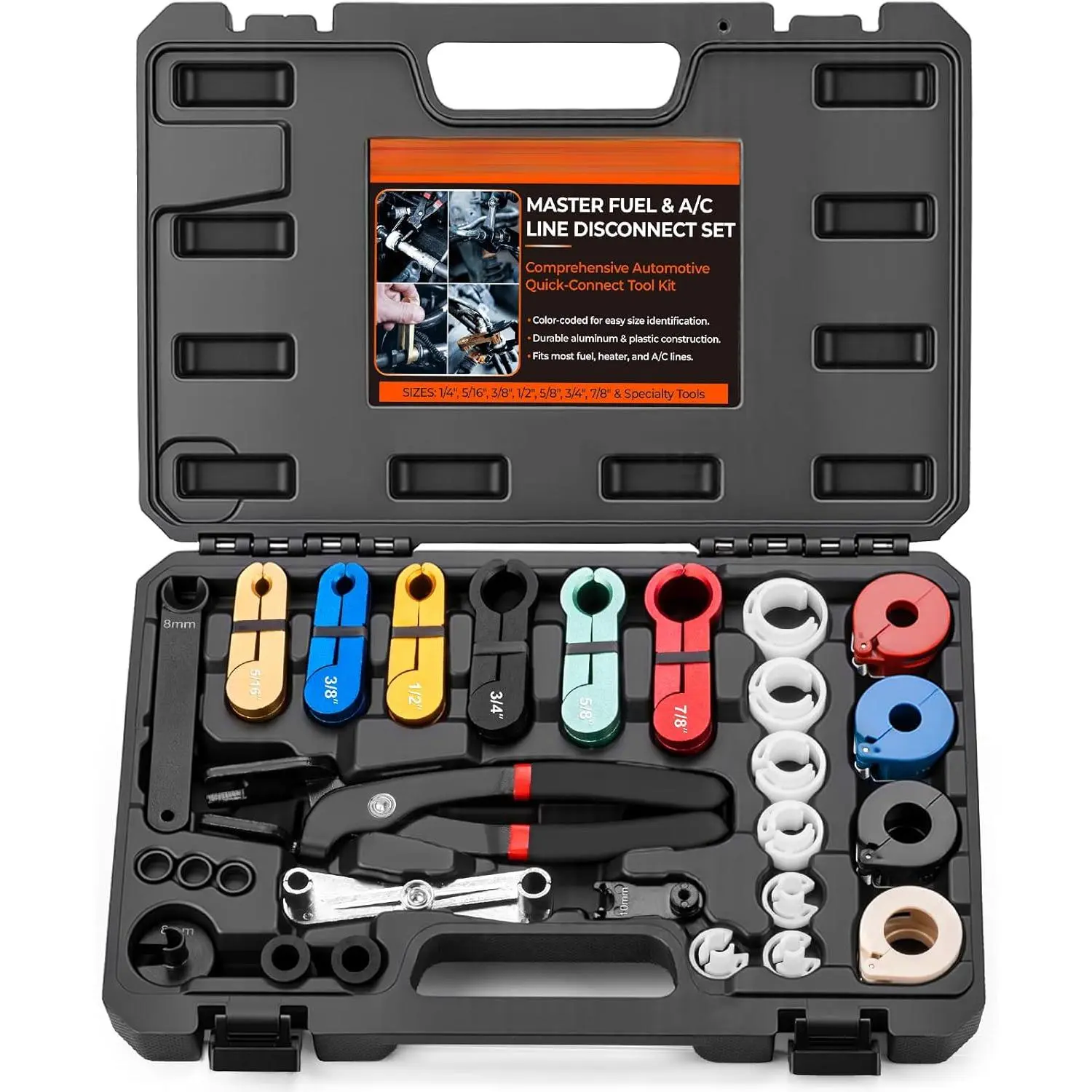 27pc Master Fuel Line Disconnect Tool Set with Fuel & AC Disconnect Pliers, Automotive Engine & Transmission Repair Tools and Gadgets for Mechanics, Compatible with Ford, Chevy, GM