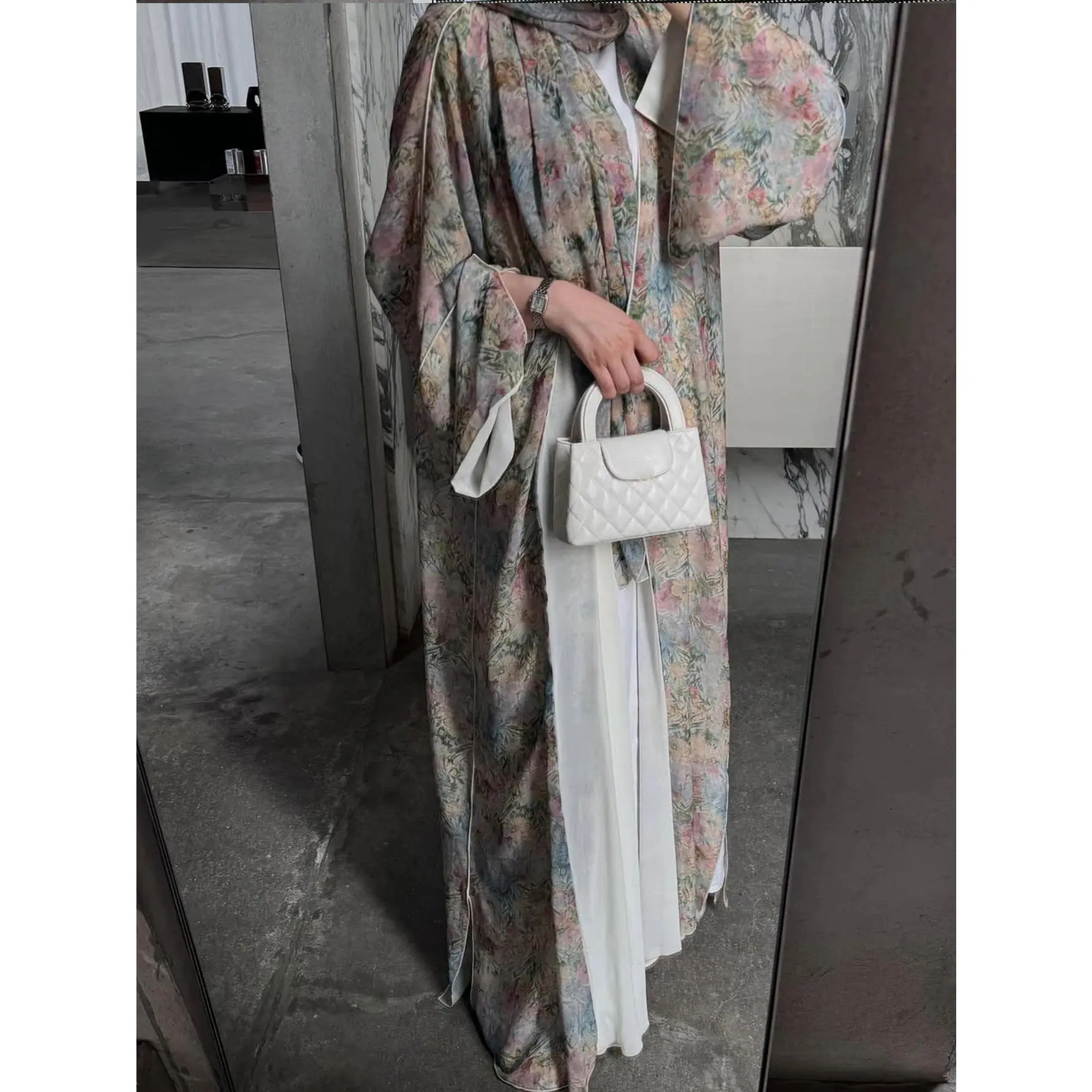 Middle Eastern Elegant Arabic Traditional Cardigan Long-Sleeved Floral Print Abaya Robe with Headscarf