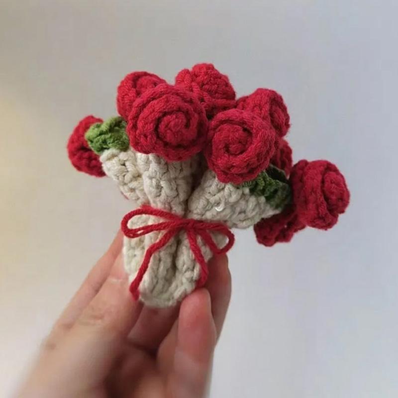 Rose Crochet Coasters with Plant Pot Handmade Knitted Flower Bouquet Coaster Coffee Table Cupmat Placemat Home Office Decor