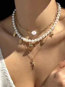 Oceanic Shell Rhinestone Fringe Necklace, Multifunctional Cross Pendant Jewelry, European and American Style Accessories