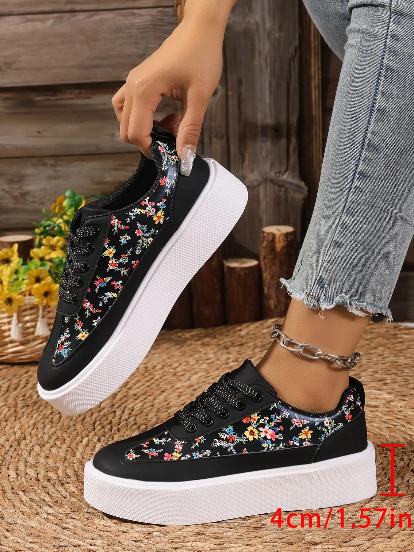 Vintage Floral Patchwork Thick Sole Casual Board Shoes Sneaker for Women, Full Print Flower Texture Leather, Lightweight Anti-Slip Laces, Trendy Daily Wear