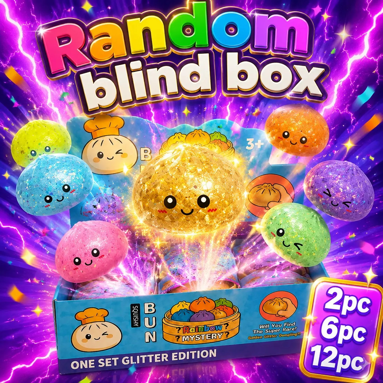 2/6/12 Counts Sparkly Glitter Dumpling Baozi Blind Box Set , Soft Slow Rising Squeeze Toys Alleviate Teen Study Pressure, Stylish Rare Collectible Trinkets, Portable Desk Calming Decor for Holiday Party Favors