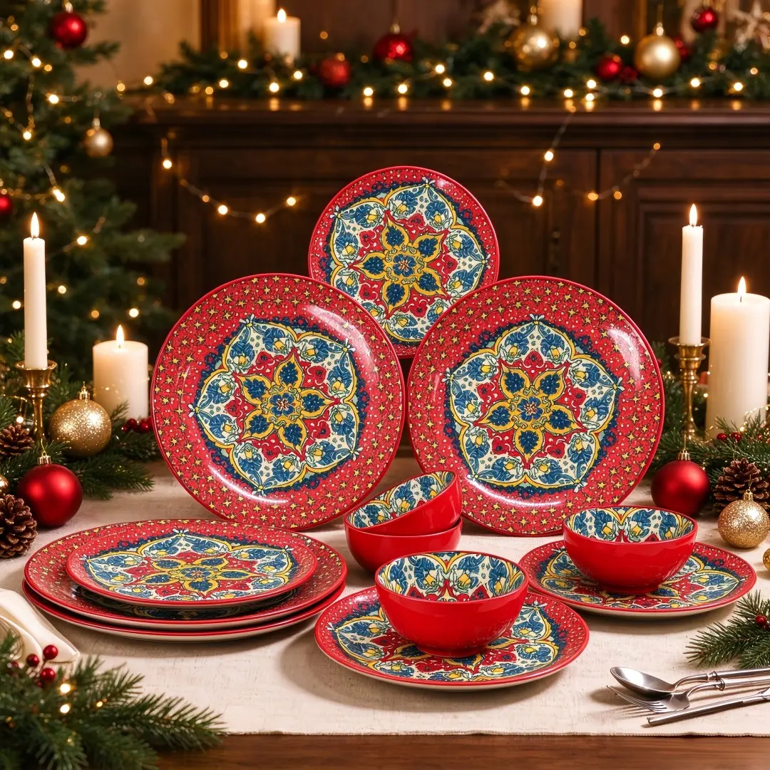 12-Piece Bohemian Style Dinnerware Set, Ceramic Plates and Bowls, Geometric Pattern, Family Use, Kitchen Essentials, Tableware Set