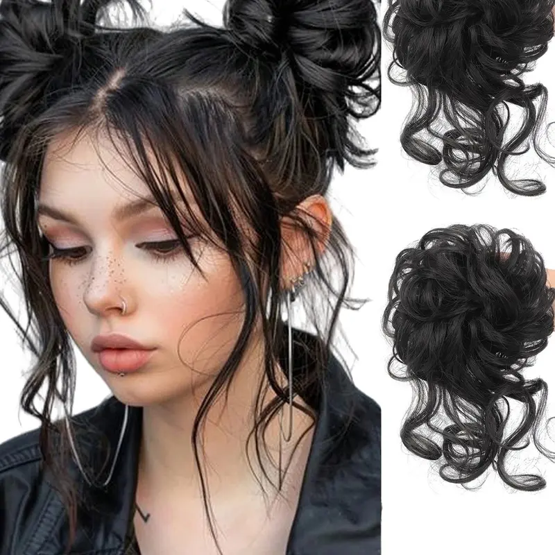 2 Piece Bun Set Messy Updo Bun Hair Loop Fake Hair Synthetic Fiber Hairpieces with Braid Elastic Hair Accessory Tail Ladies Synthetic Curly Wave Hair Coil Thick Updo Hair Loop Everyday Synthetic Bun Natural Hair Color
